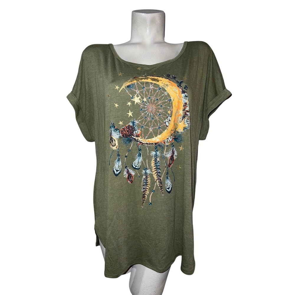 Tru Self Womens 2X Olive Green Celestial Moon Dreamcatcher Graphic T-Shirt Boho